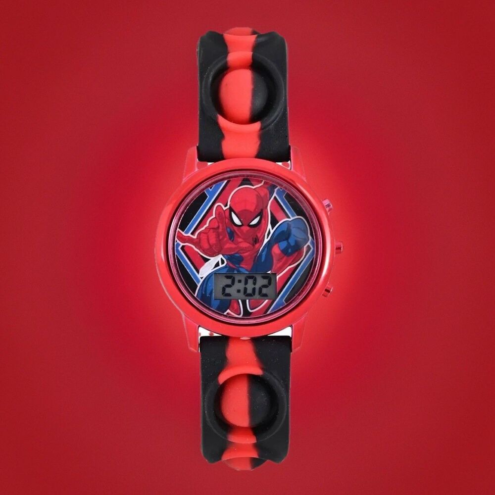 New Marvel Spider Man Unisex Kids Boys LCD Popper Strap Band Red & Black Watch